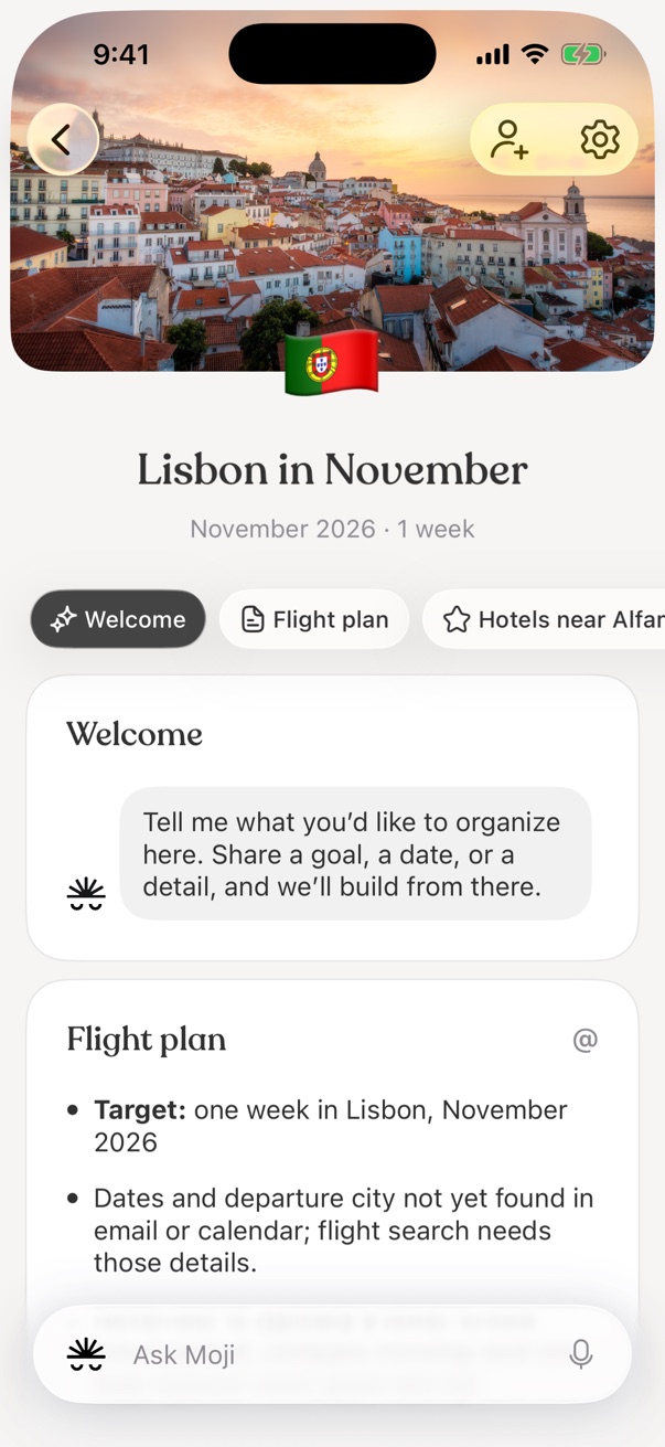 A Lisbon trip space in Moji: a sunset over Alfama as the cover, the title, and pages for the flight plan and hotels